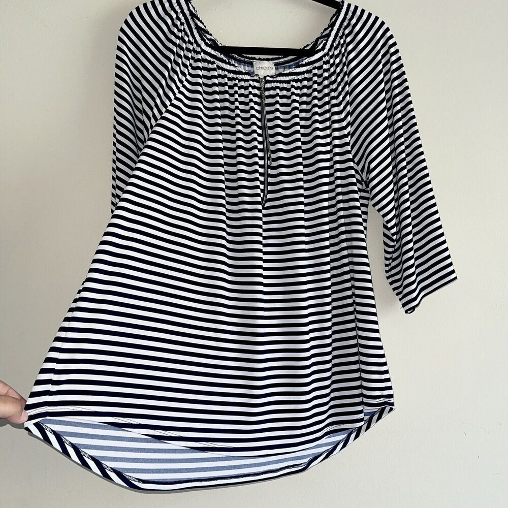 Chicos Knit Tunic Top Size 12 Longline Flowy Zip Up Neckline Striped Black White